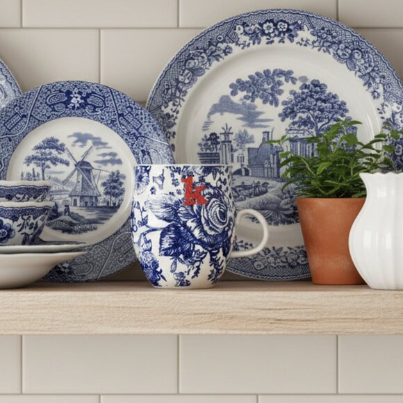 Anthropologie Homegrown Monogram Mug – Initial K – Blue Floral Toile Stoneware - Picture 3 of 10